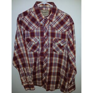 Mens Wrangler Western Shirt XL Red / Orange Plaid Pearl Snap Long Sleeve